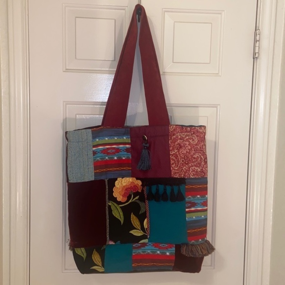 Boho Quilted Bag with Accents • 2 handles • Snap Closure • Beaded, Brocade